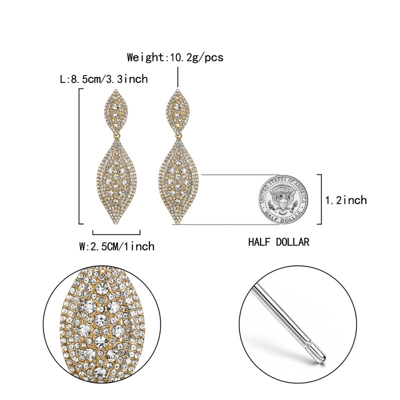 Flyonce Gold Earrings for Women, Sparkly Rhinestone Crystal Large Long Statement Wedding Party 2 Leaf Drop Dangle Chandelier Earrings for Brides Bridal Clear Gold-Tone 3.3" - Image 5